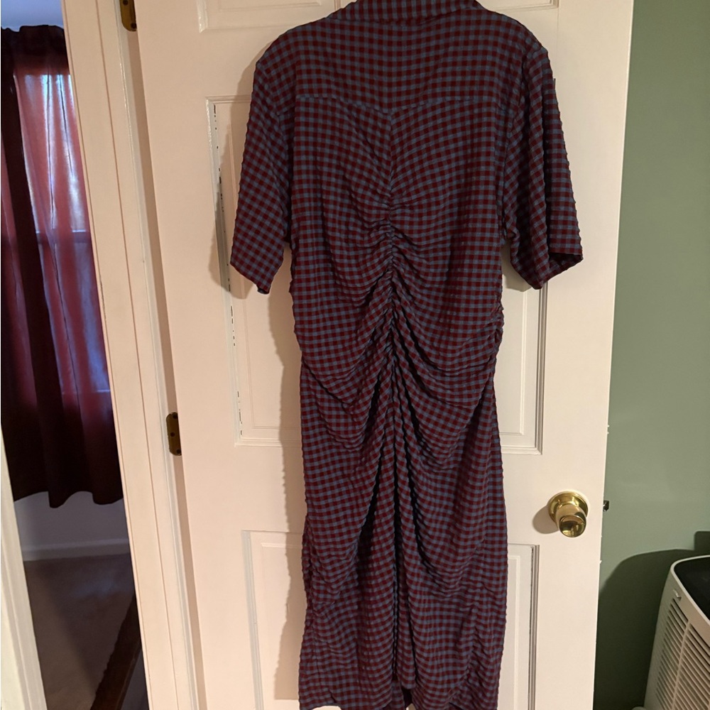 Ganni Long Sleeve Plaid Dress in Red and Blue